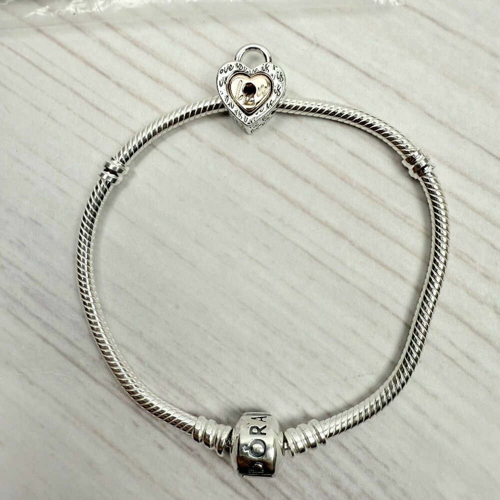 PANDORA Barcelet Two-tone Padlock Splittable with Heart Charm wuth 7.5 In